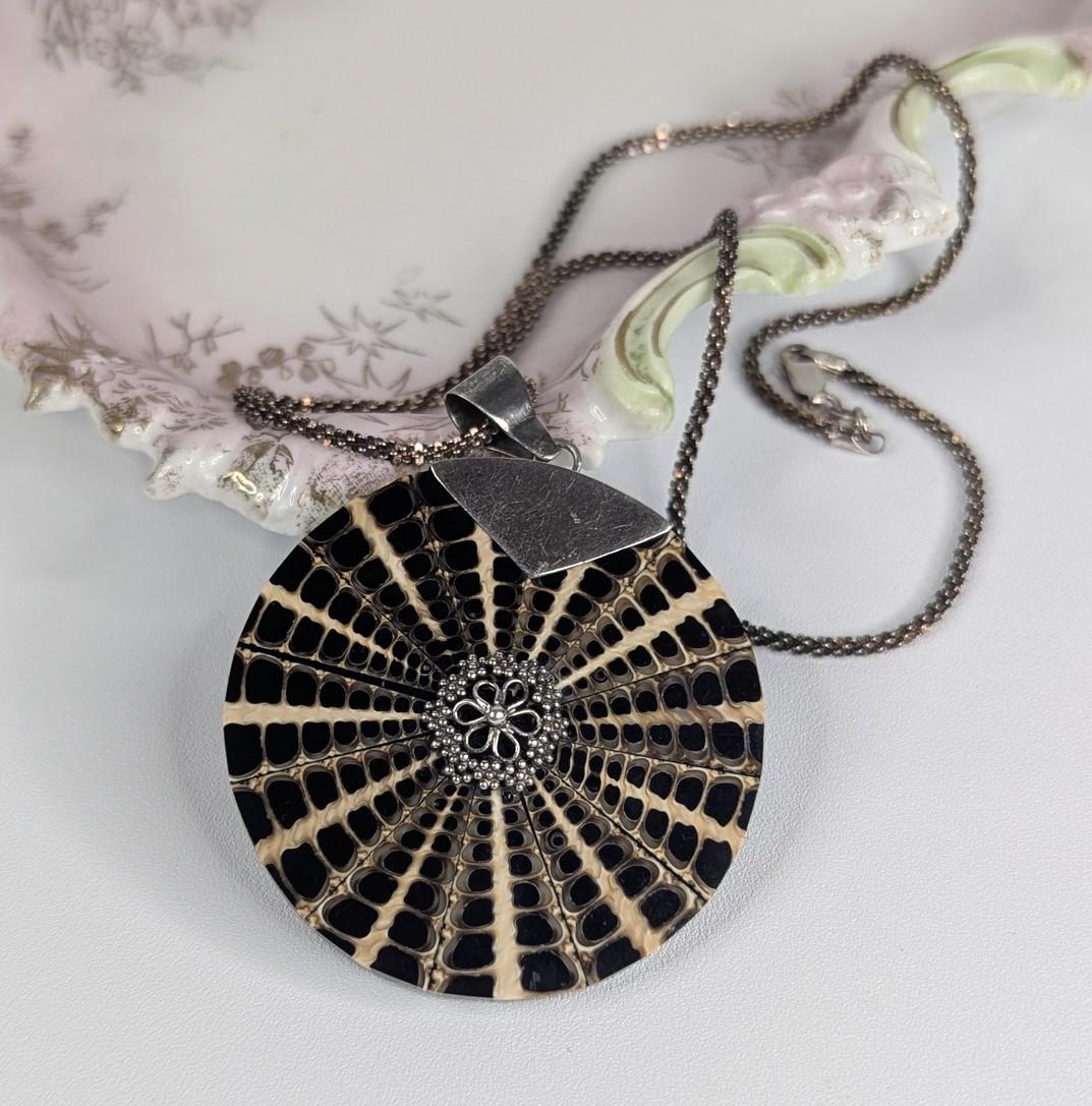 Vintage Nautilus Shell Pendant: Sterling Silver Details, 18" Rope Chain with platinum overlay