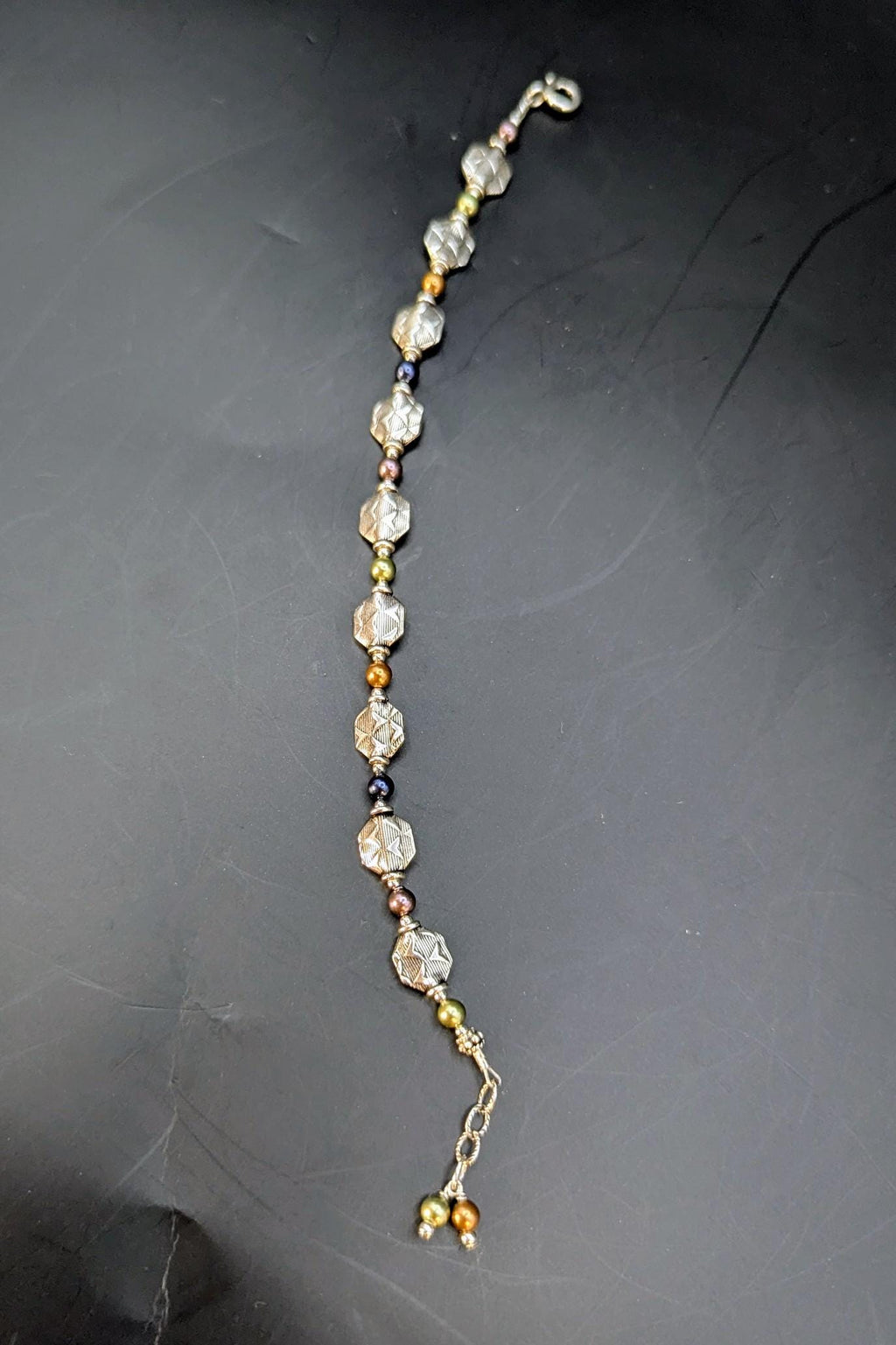 Vintage Sterling Silver Diamond-Cut Bead Bracelet with Multicolor Accents, 7.5"