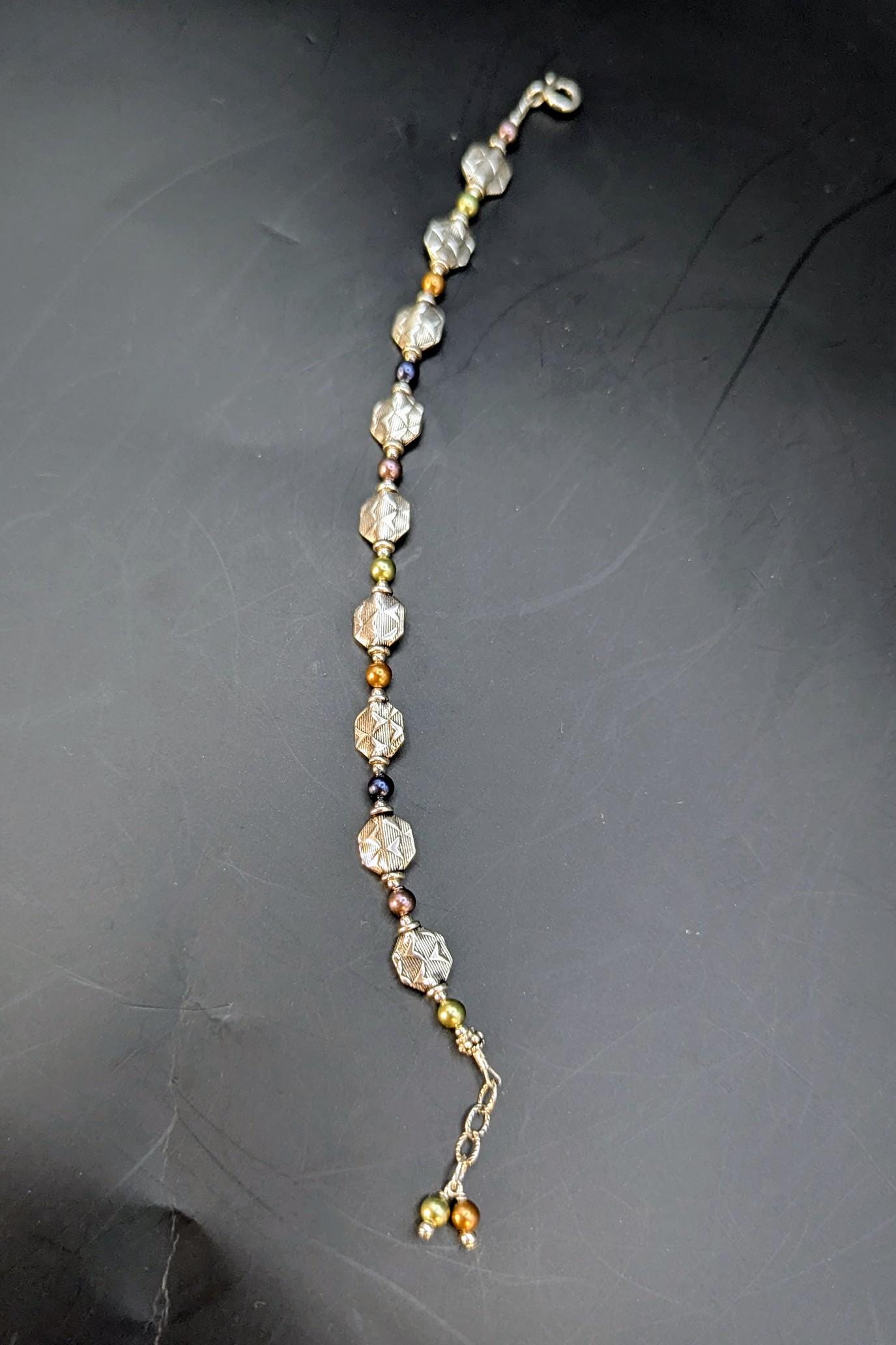 Vintage Sterling Silver Diamond-Cut Bead Bracelet with Multicolor Accents, 7.5"