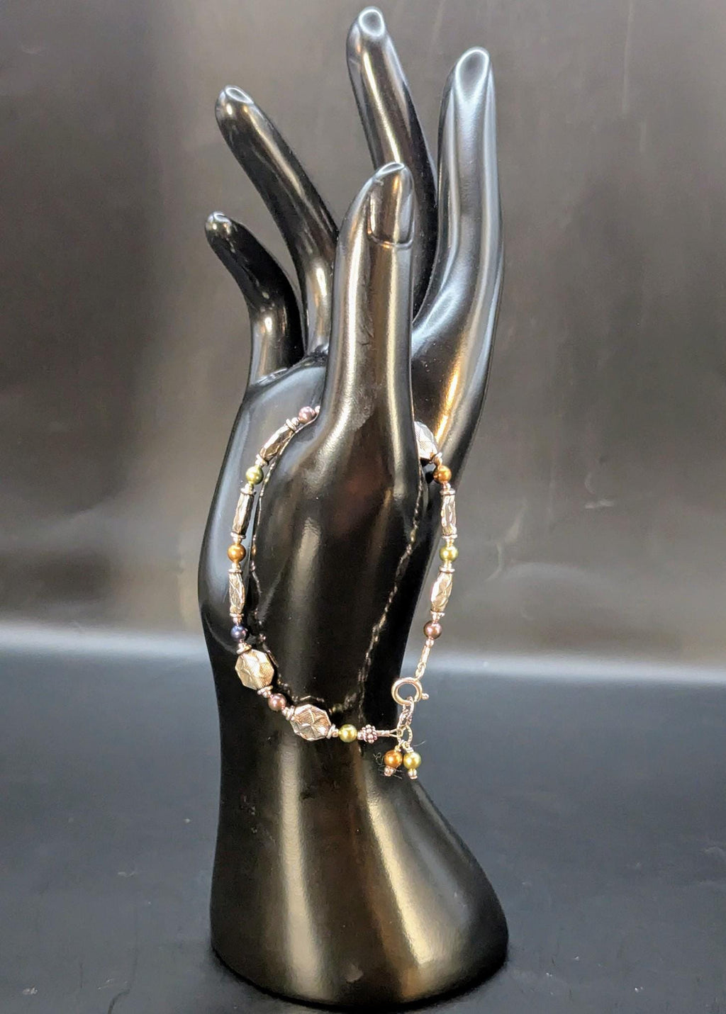 Vintage Sterling Silver Diamond-Cut Bead Bracelet with Multicolor Accents, 7.5"