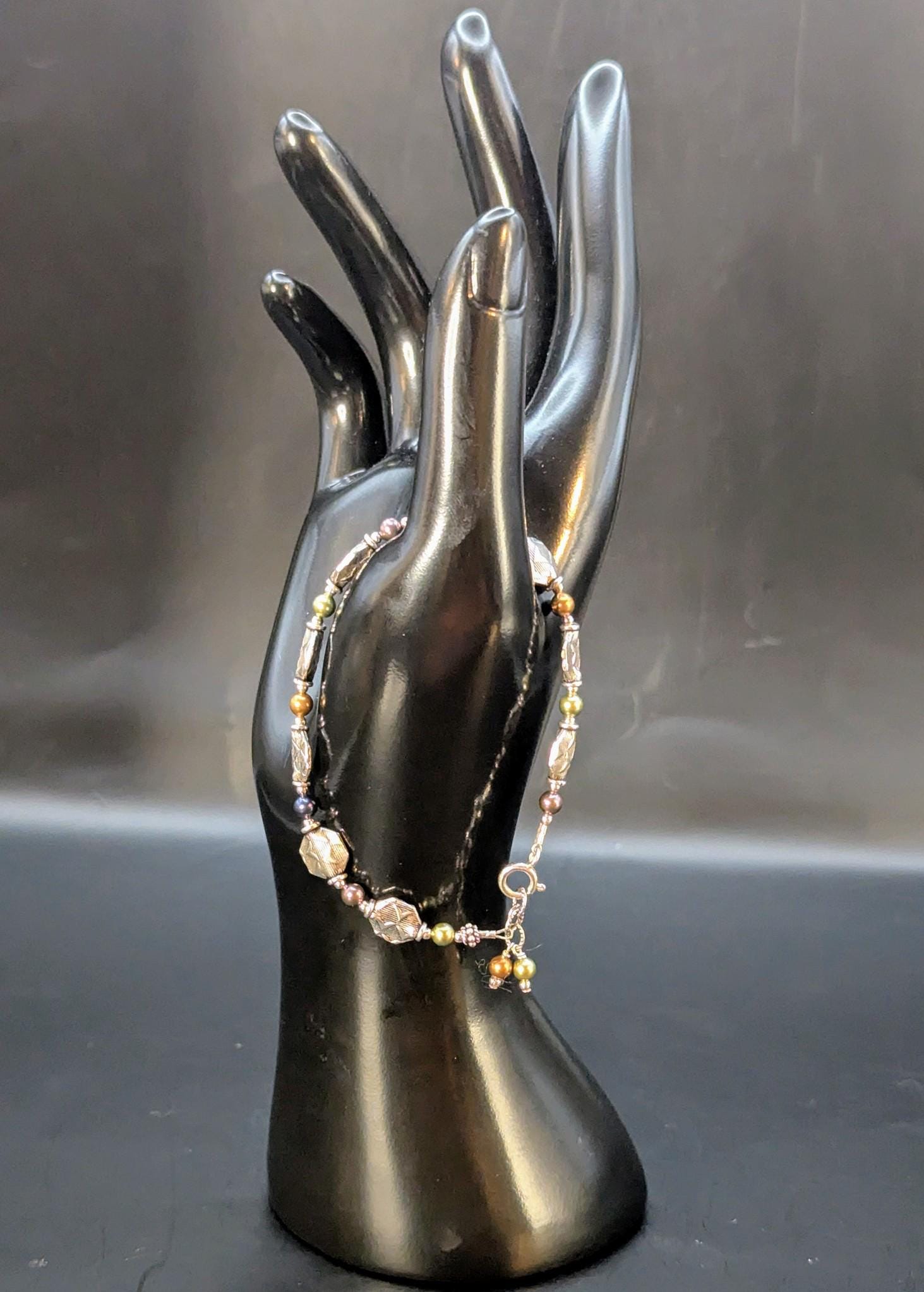 Vintage Sterling Silver Diamond-Cut Bead Bracelet with Multicolor Accents, 7.5"