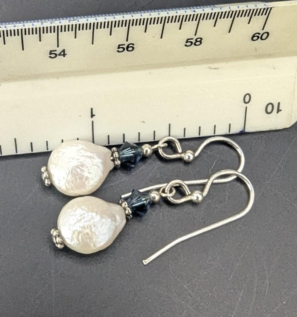 Sterling Silver and Coin Pearl Earrings with Blue Crystal Accents