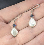 Sterling Silver and Coin Pearl Earrings with Blue Crystal Accents
