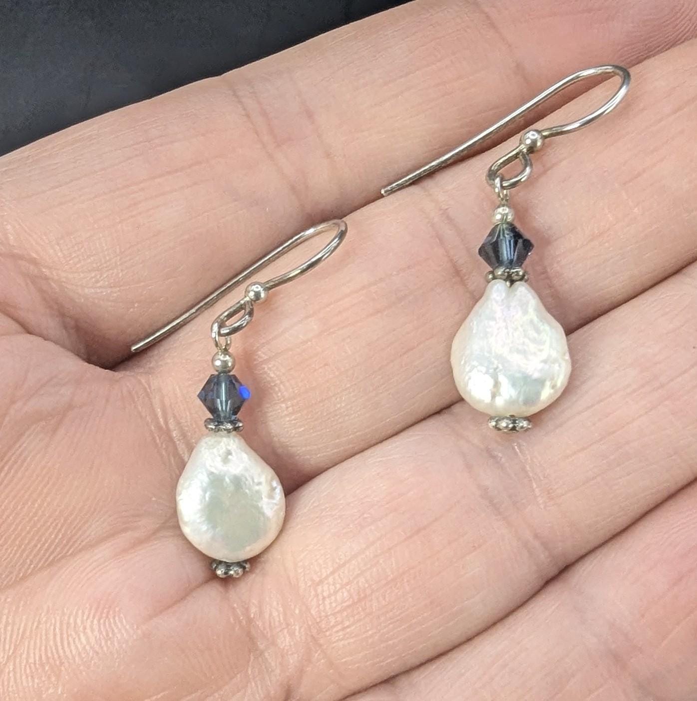 Sterling Silver and Coin Pearl Earrings with Blue Crystal Accents