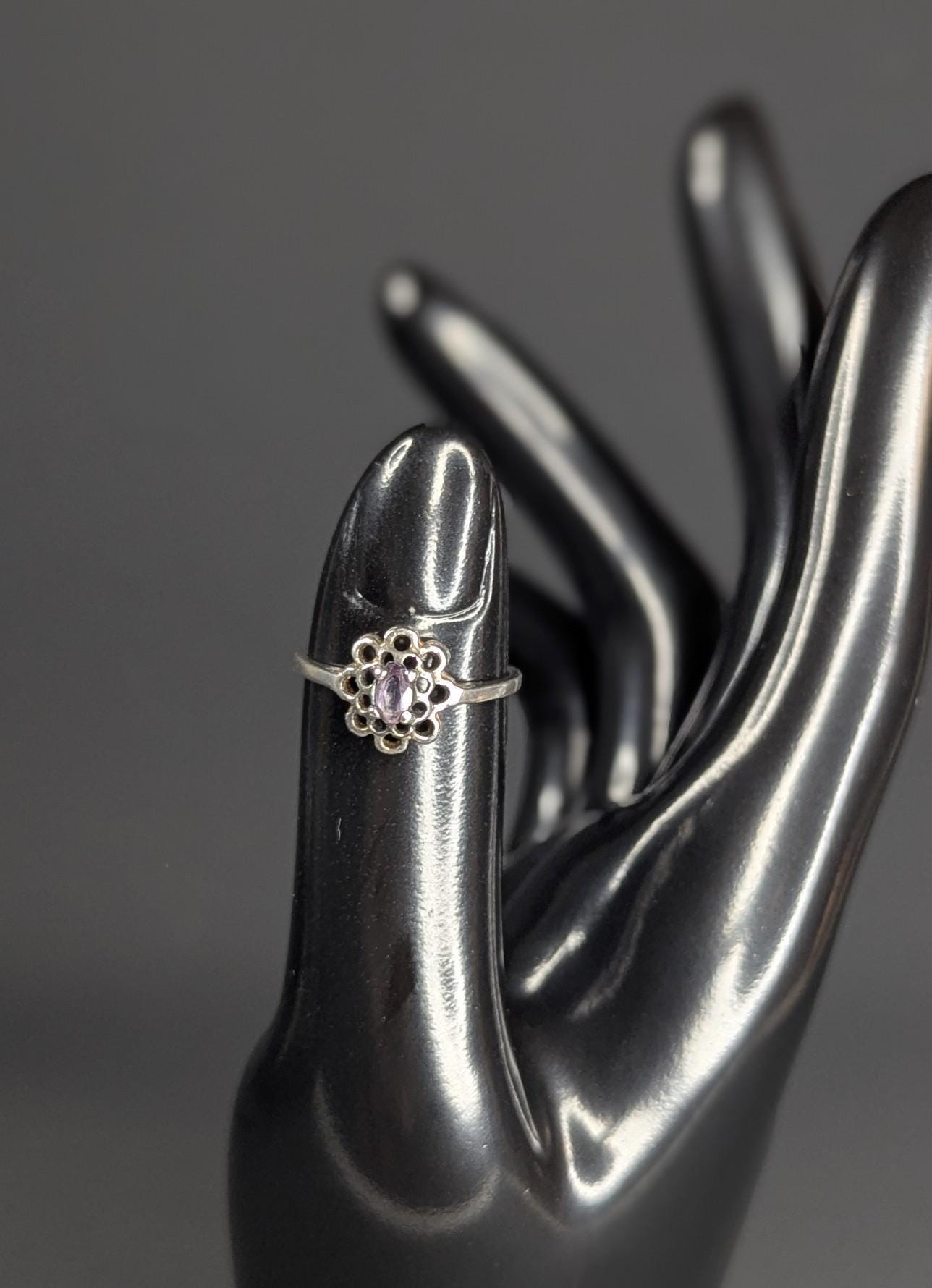Vintage Sterling Silver and Oval Amethyst Ring, Floral Design Size 6.5