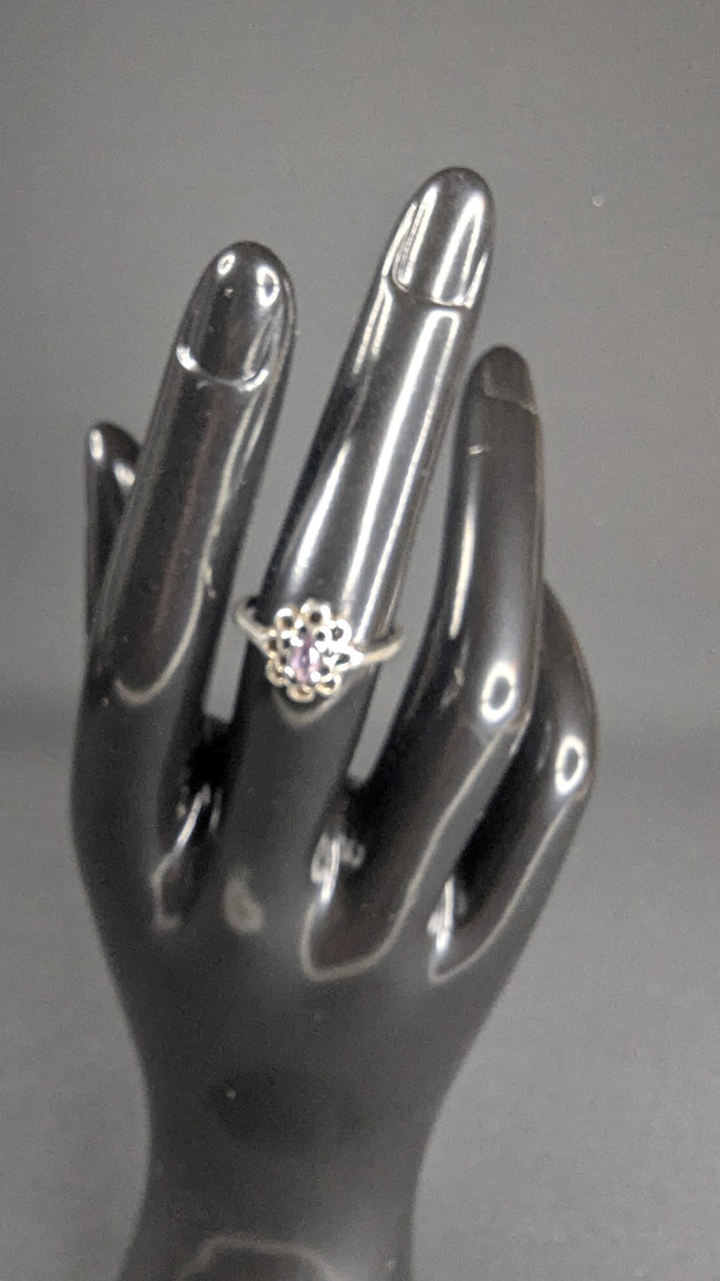 Vintage Sterling Silver and Oval Amethyst Ring, Floral Design Size 6.5