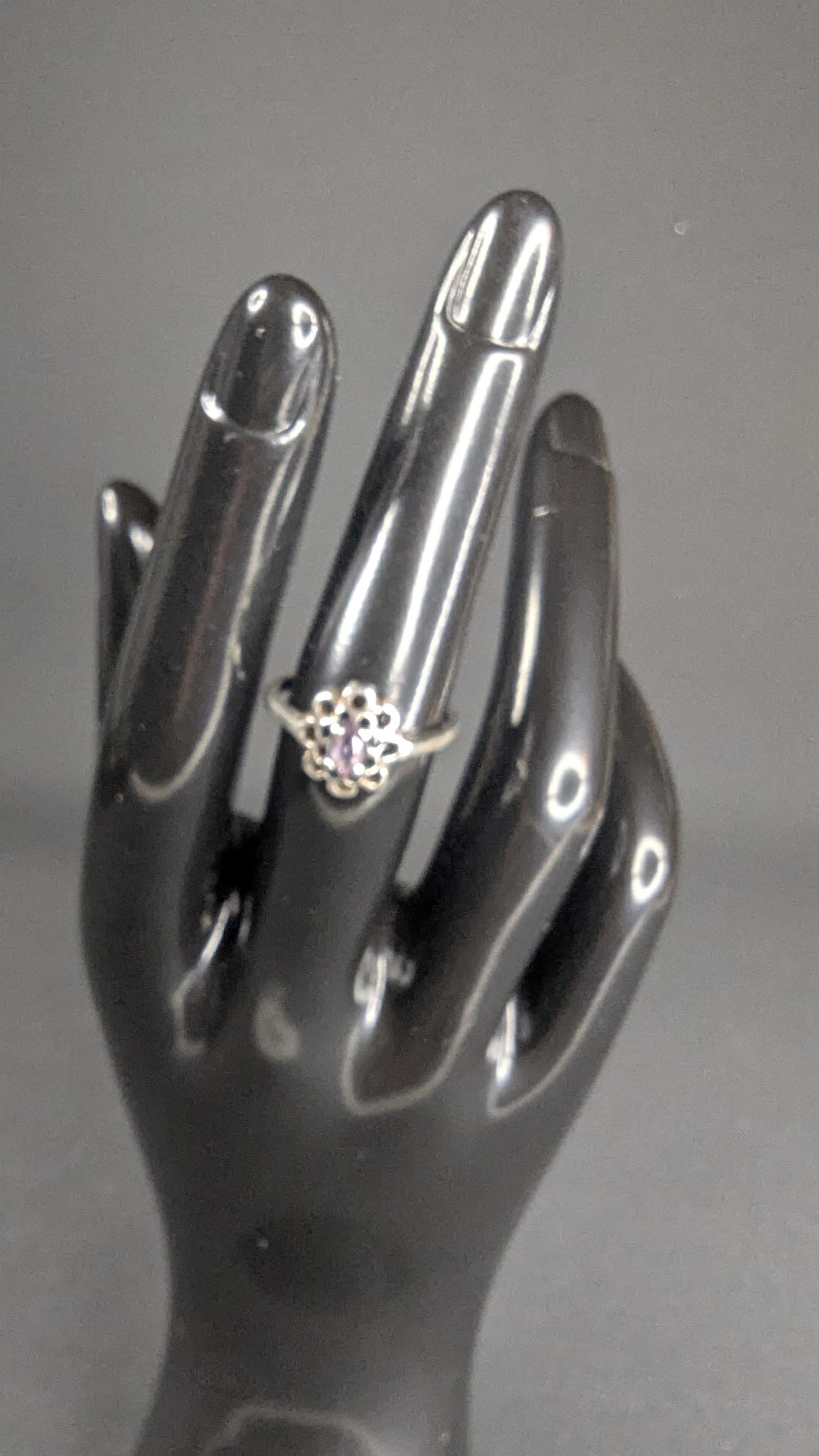 Vintage Sterling Silver and Oval Amethyst Ring, Floral Design Size 6.5