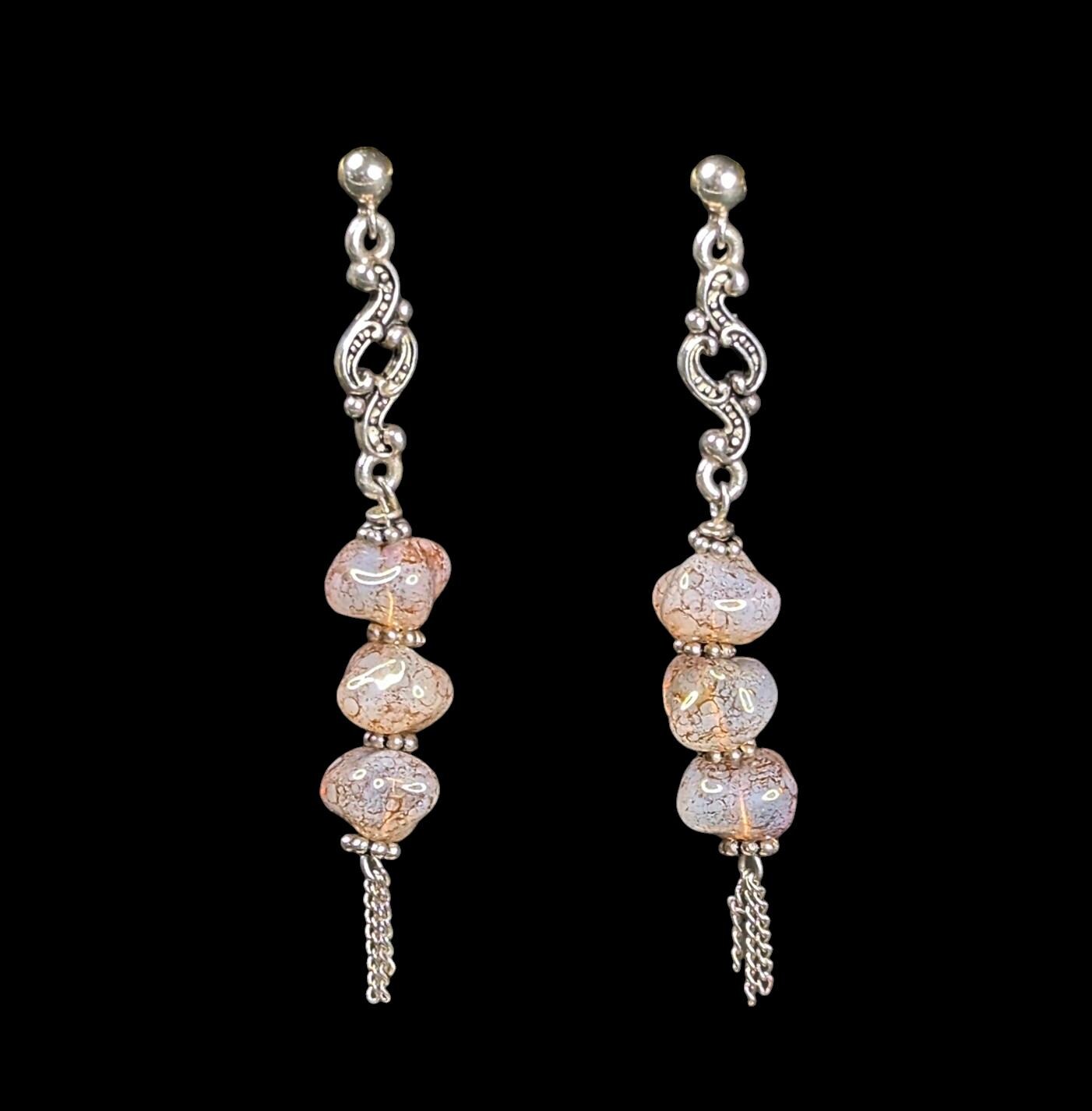 Iridescent Pink Czech Glass Dangle Earrings - Sterling Silver Statement Jewelry