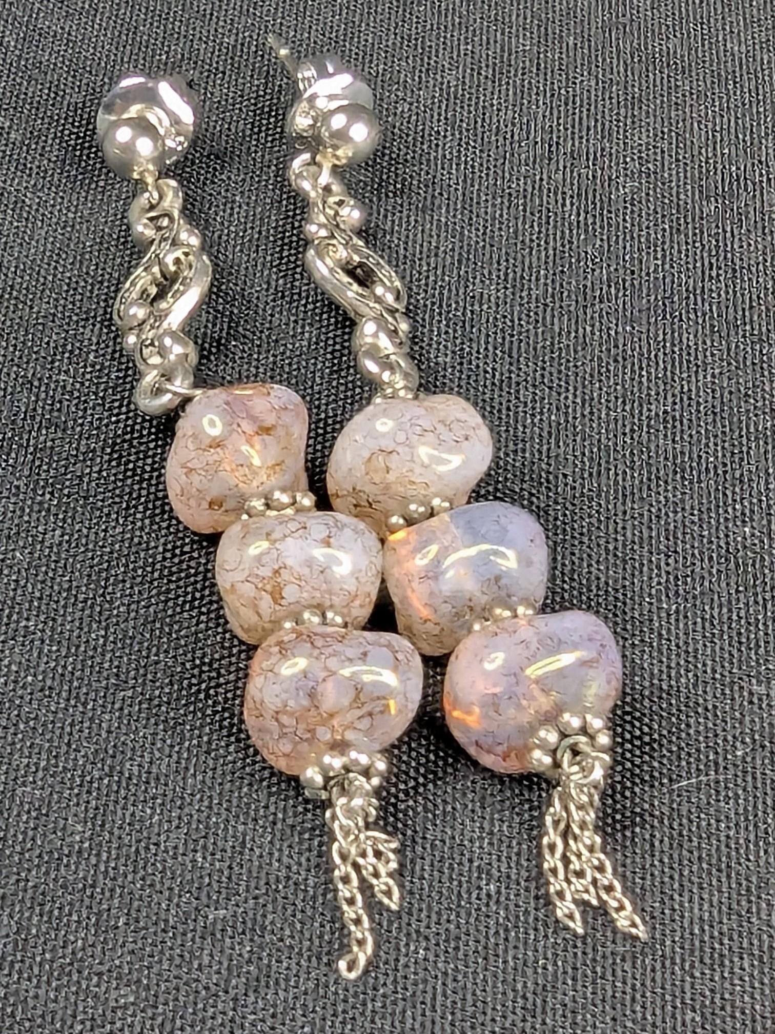 Iridescent Pink Czech Glass Dangle Earrings - Sterling Silver Statement Jewelry