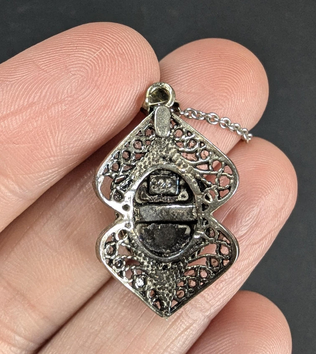 Vintage Sterling silver and Turquoise Filigree Pendant Necklace on "16 925 chain