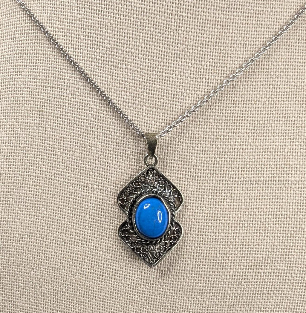 Vintage Sterling silver and Turquoise Filigree Pendant Necklace on "16 925 chain
