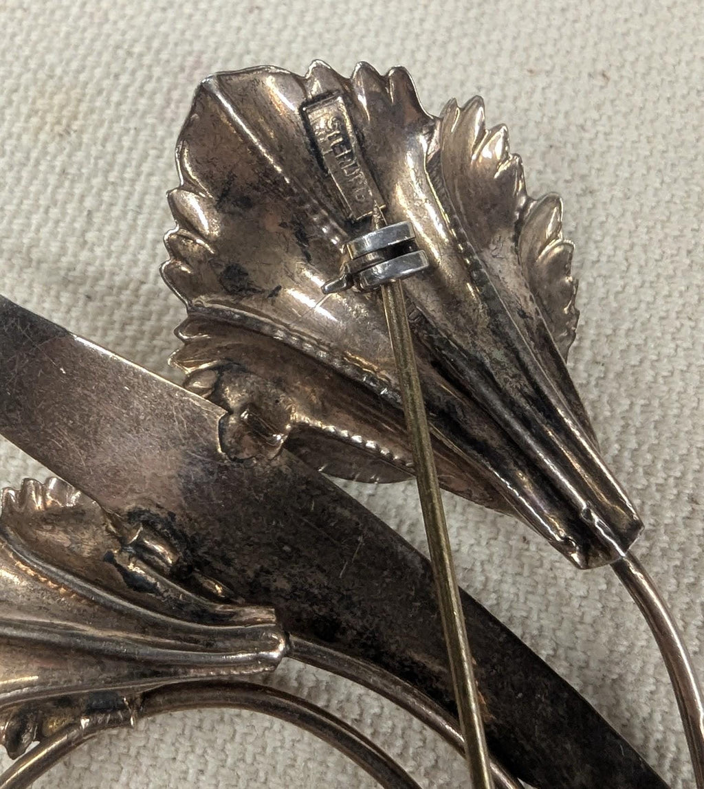 Vintage Hand Made Sterling Silver Calla Lily Brooch Art Nouveau with Copper tone finish