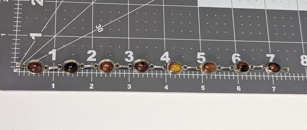 Vintage Baltic Amber Bracelet: Sterling Silver Cognac Honey Cabochons, 7.5"