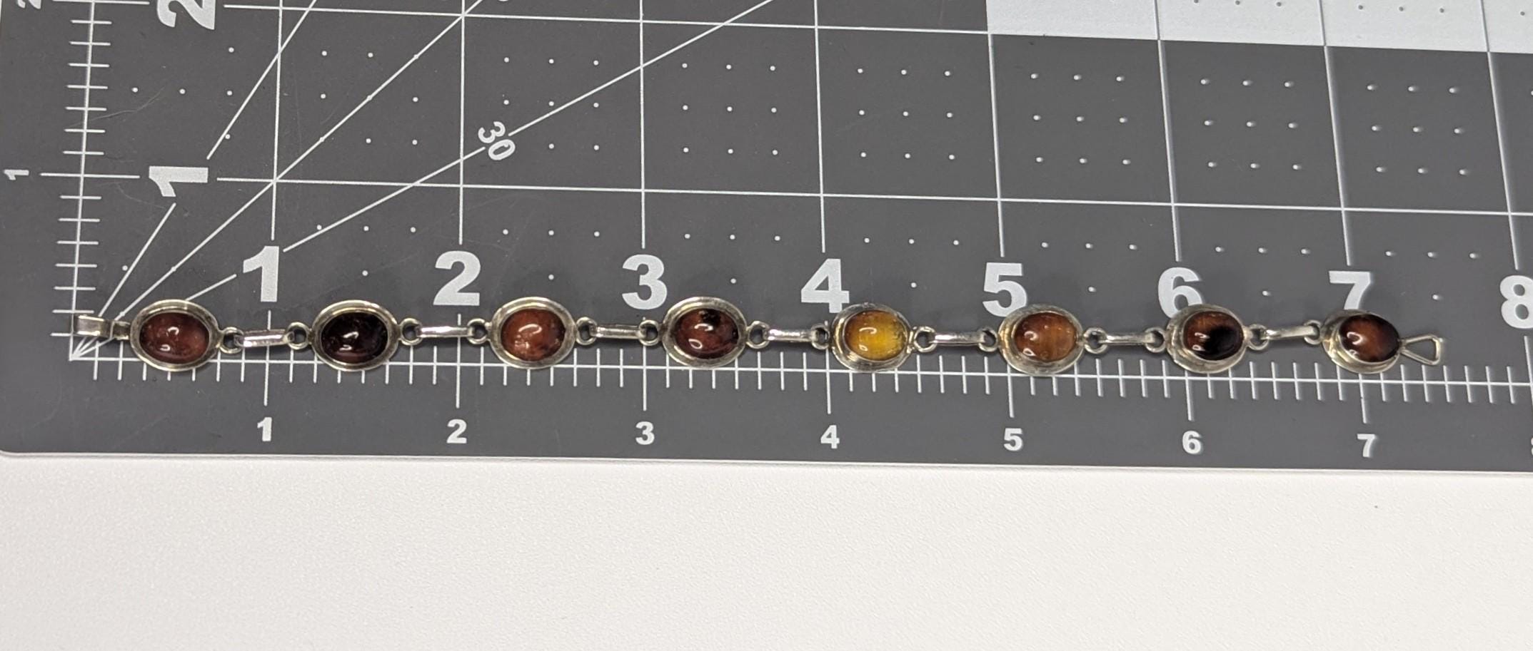 Vintage Baltic Amber Bracelet: Sterling Silver Cognac Honey Cabochons, 7.5"