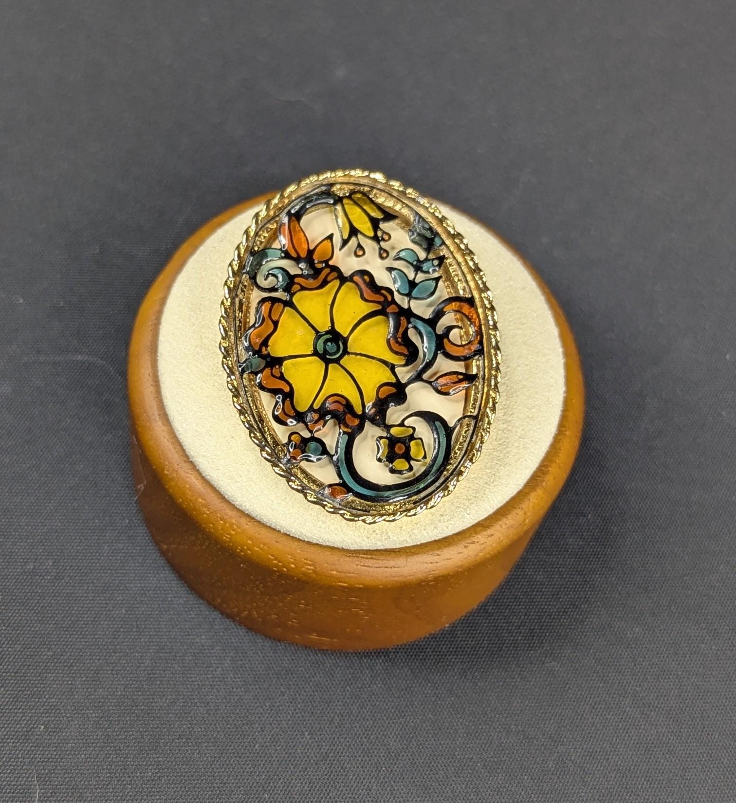 Faux Plique A Jour Overlay Shadow Box Features Oval Brooch Pin