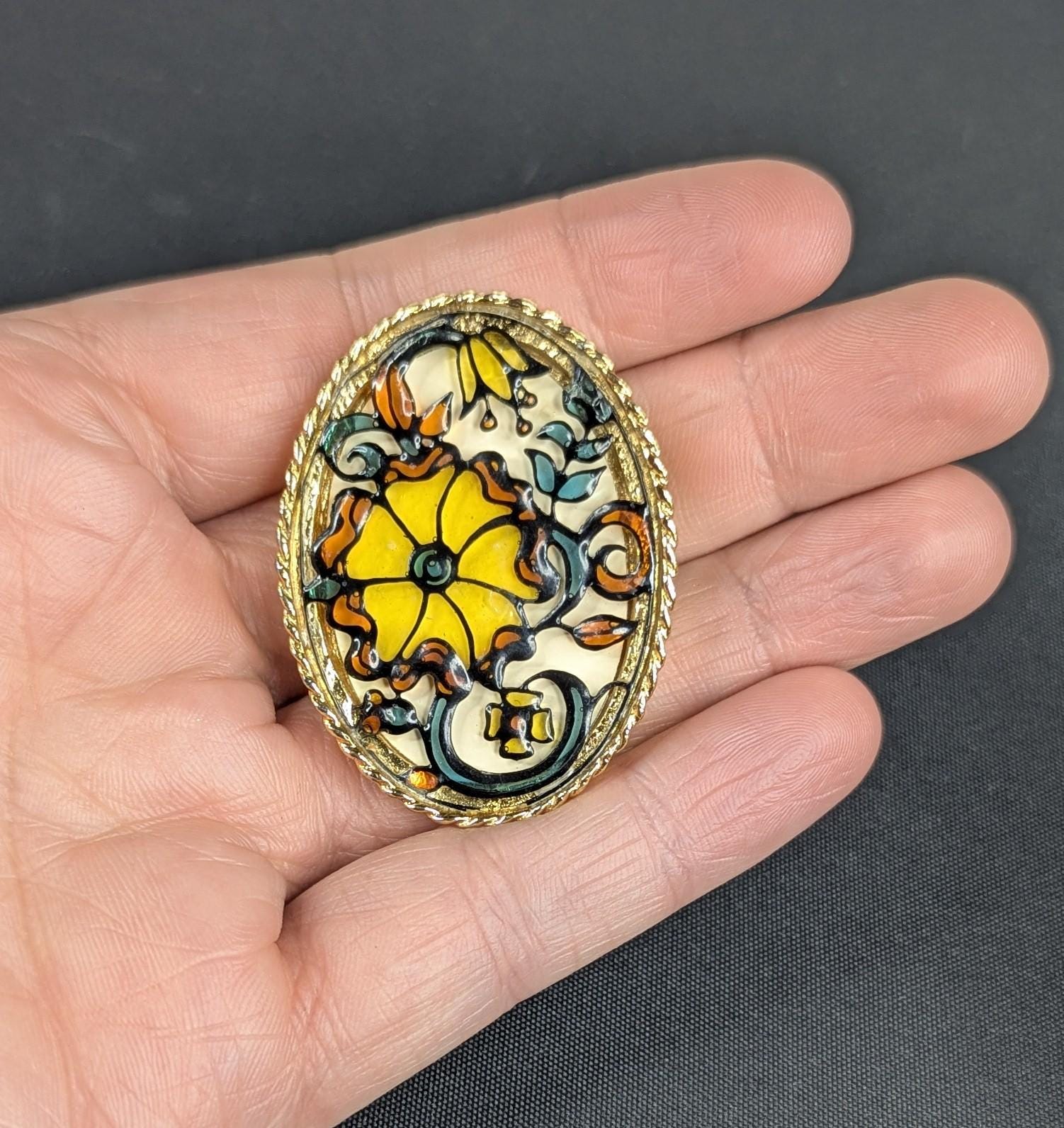 Faux Plique A Jour Overlay Shadow Box Features Oval Brooch Pin