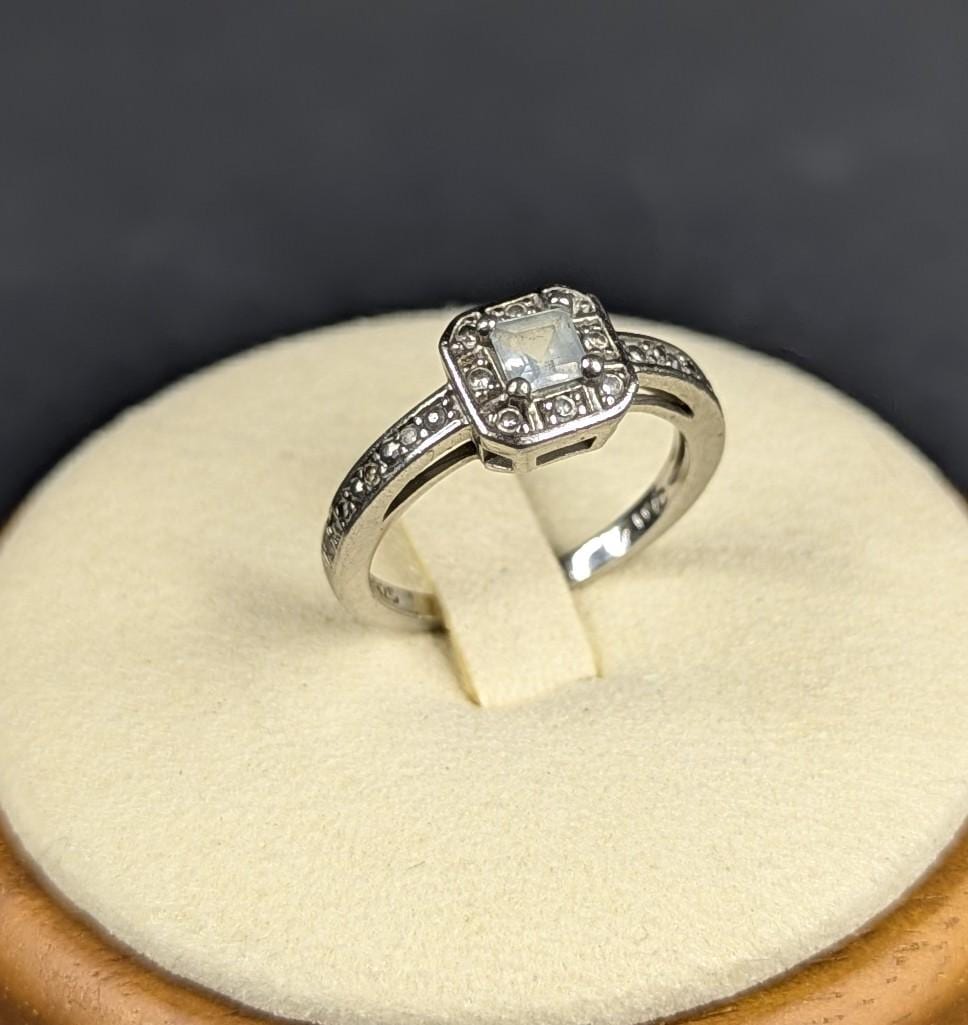 Sterling Silver Light Blue Topaz Solitaire With Clear Stone Accents, Ring Size 6.75