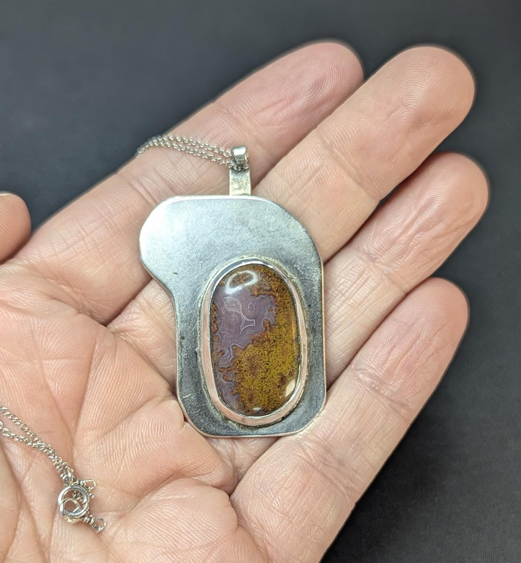 Vintage Art Deco Moss Agate Sterling Silver Pendant on 18" Chain