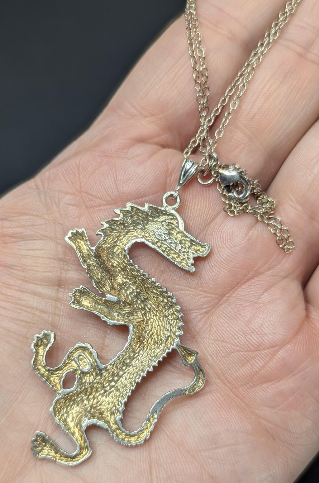 Vintage Sterling Silver Dancing Dragon Pendant Necklace: Gold Vermeil, 20" Chain