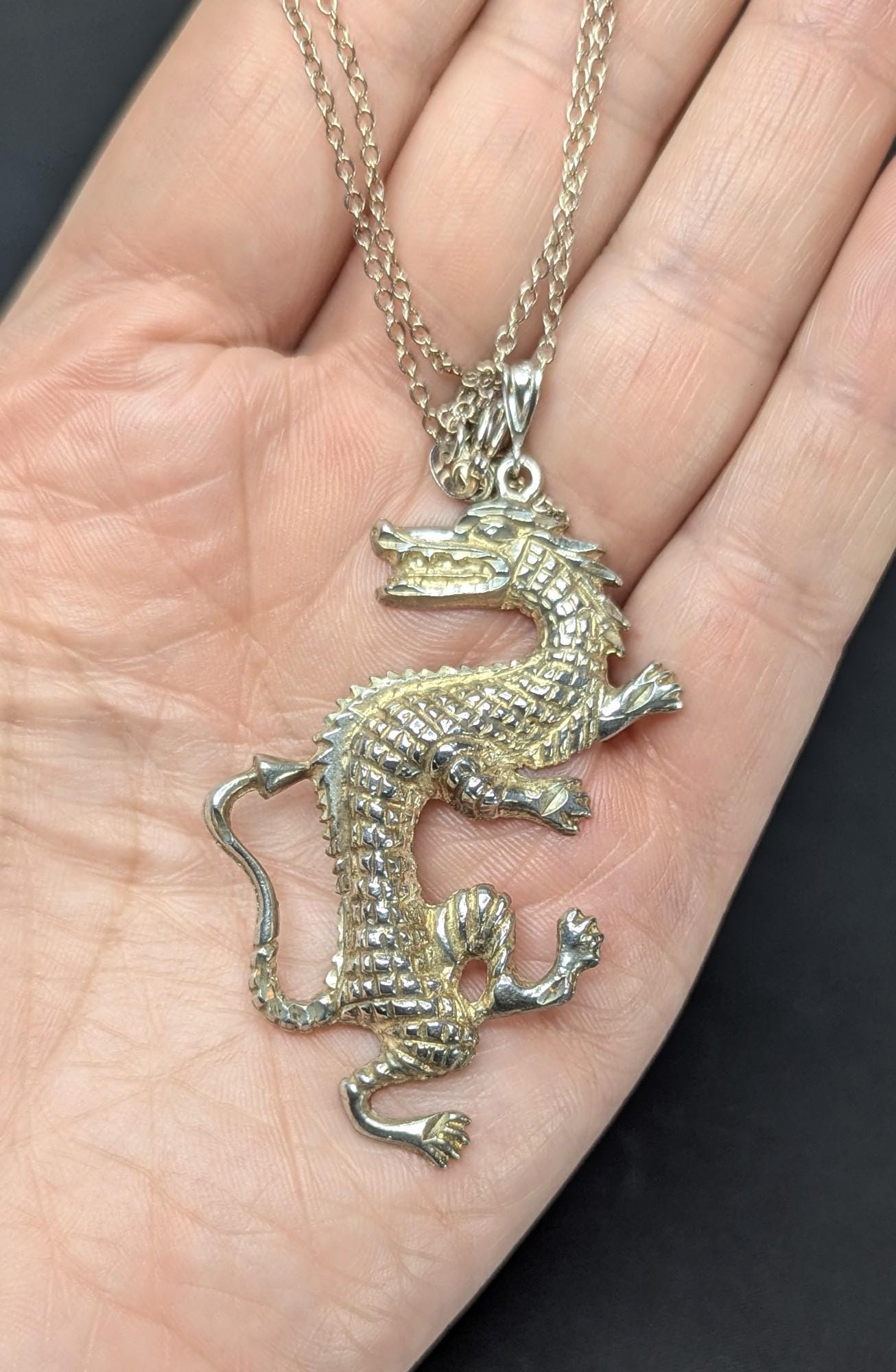 Vintage Sterling Silver Dancing Dragon Pendant Necklace: Gold Vermeil, 20" Chain