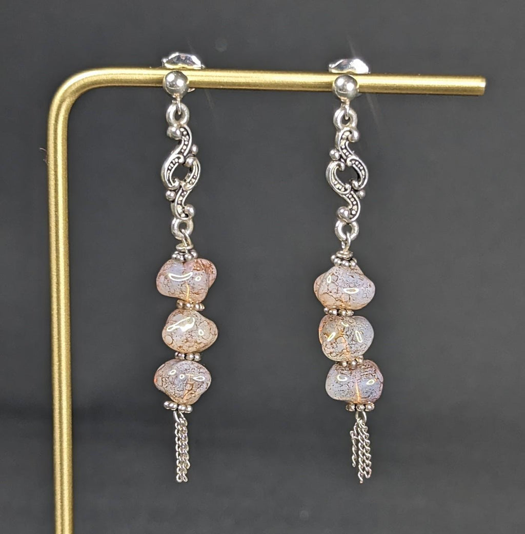 Iridescent Pink Czech Glass Dangle Earrings - Sterling Silver Statement Jewelry