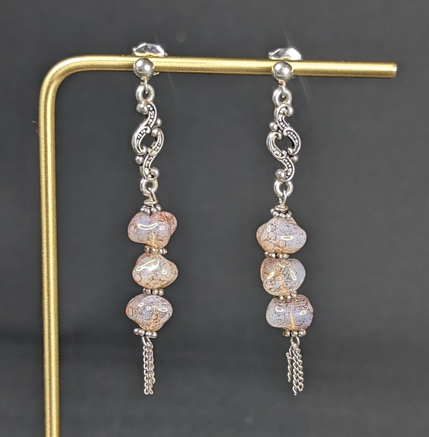 Iridescent Pink Czech Glass Dangle Earrings - Sterling Silver Statement Jewelry