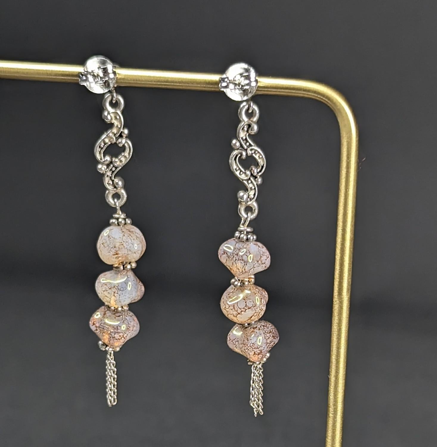 Iridescent Pink Czech Glass Dangle Earrings - Sterling Silver Statement Jewelry