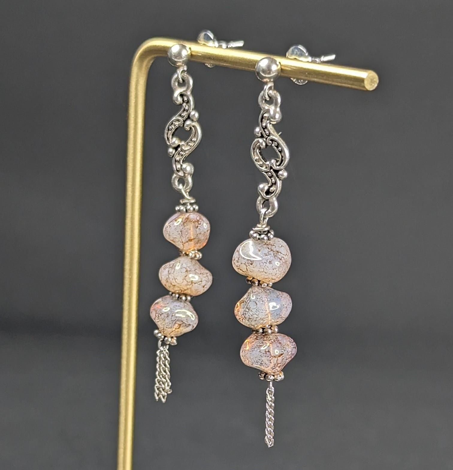 Iridescent Pink Czech Glass Dangle Earrings - Sterling Silver Statement Jewelry