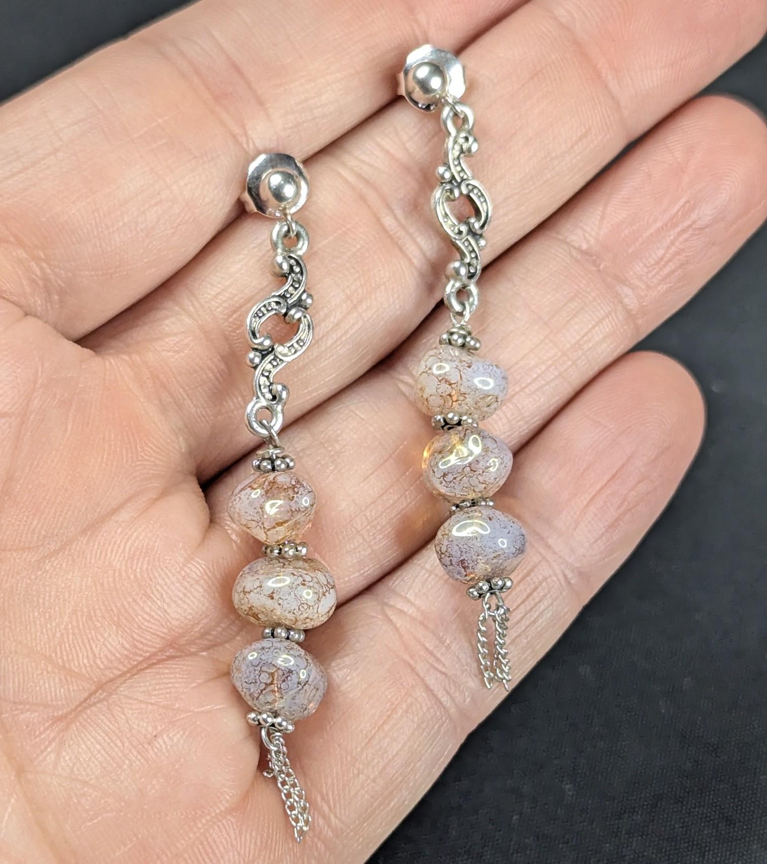 Iridescent Pink Czech Glass Dangle Earrings - Sterling Silver Statement Jewelry