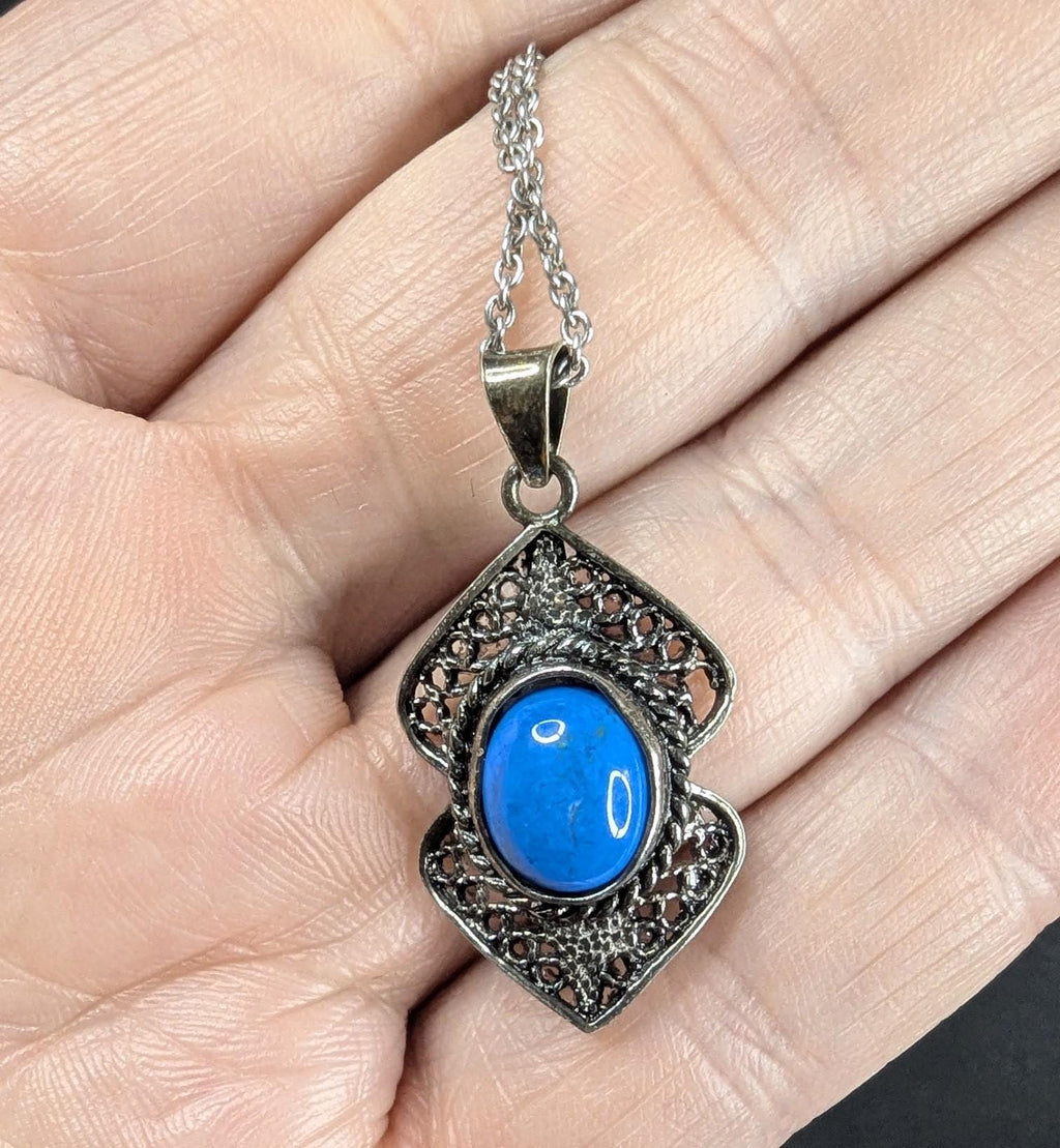 Vintage Sterling silver and Turquoise Filigree Pendant Necklace on "16 925 chain