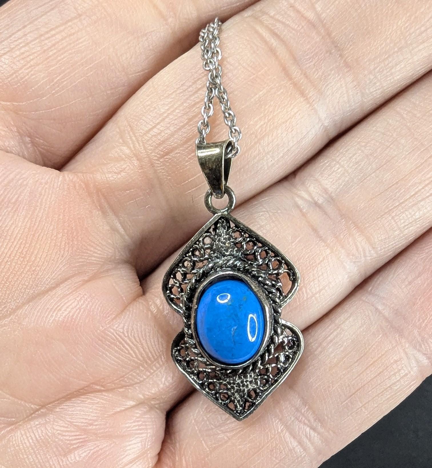 Vintage Sterling silver and Turquoise Filigree Pendant Necklace on "16 925 chain