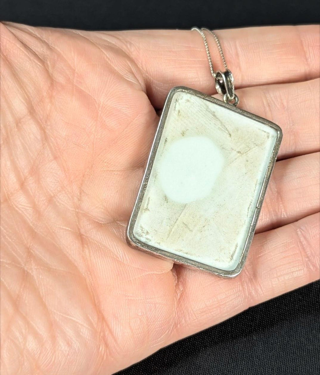 Antique Chinese Porcelain Shard Pendant: Hand-Painted Peaches, Sterling Silver Chain