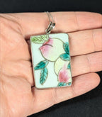 Antique Chinese Porcelain Shard Pendant: Hand-Painted Peaches, Sterling Silver Chain