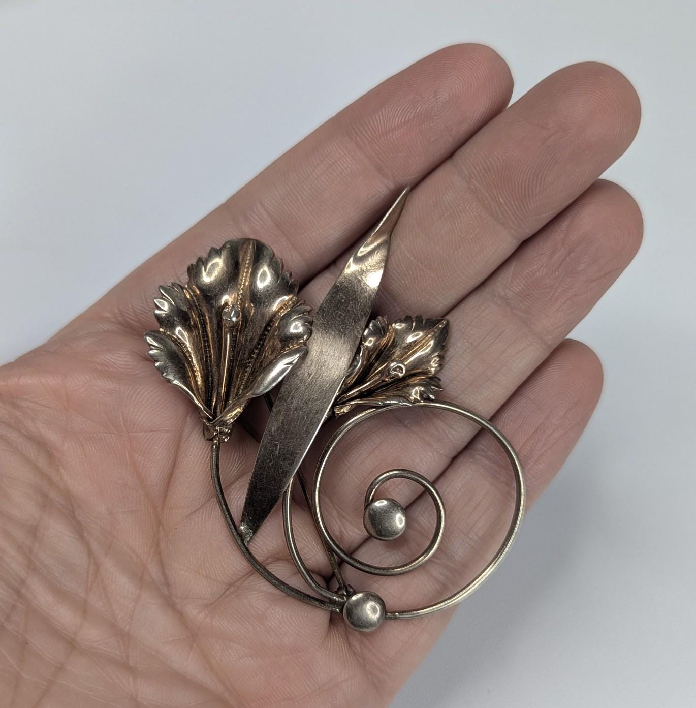 Vintage Hand Made Sterling Silver Calla Lily Brooch Art Nouveau with Copper tone finish
