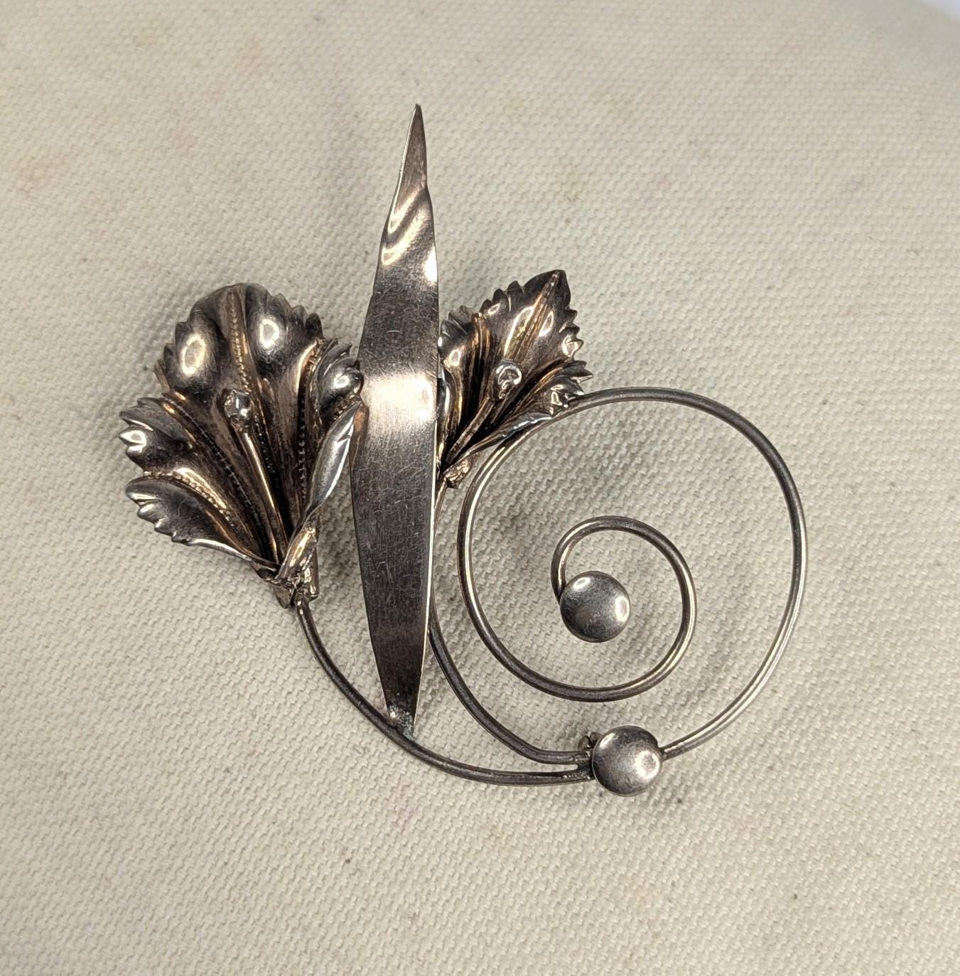 Vintage Hand Made Sterling Silver Calla Lily Brooch Art Nouveau with Copper tone finish