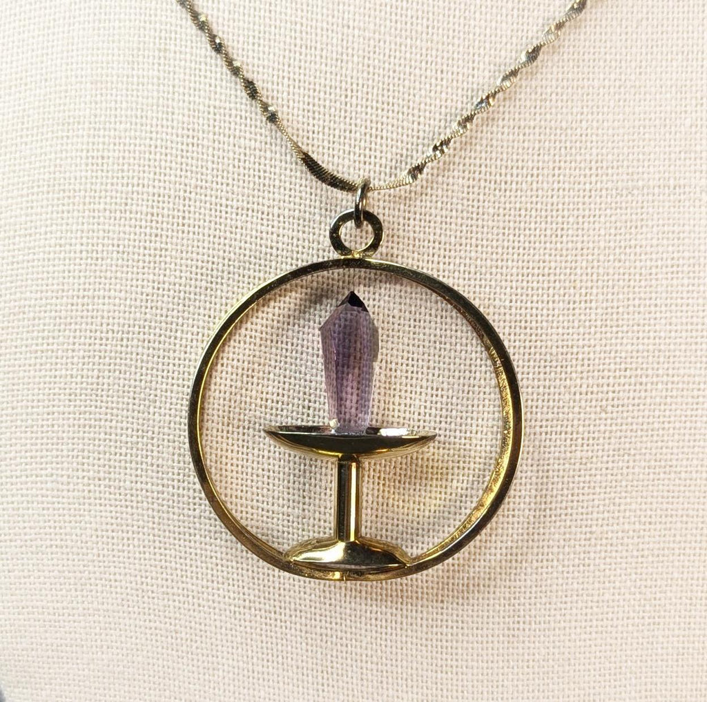 Vintage  Gothic Amethyst Dagger Pendant Necklace, Gold Vermeil over Sterling