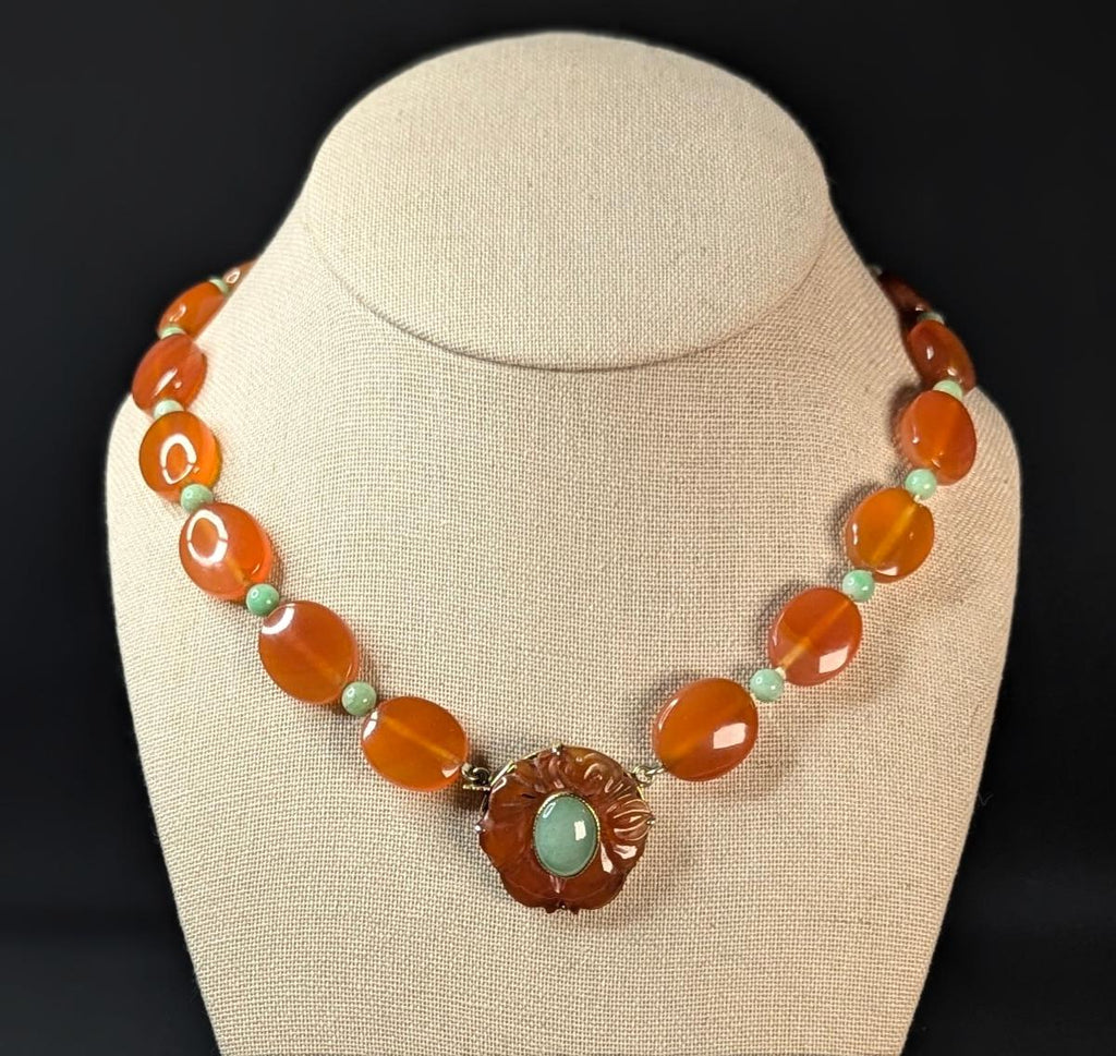 Vintage Carnelian, Jade, & 14k Gold Necklace, Estate Statement Choker