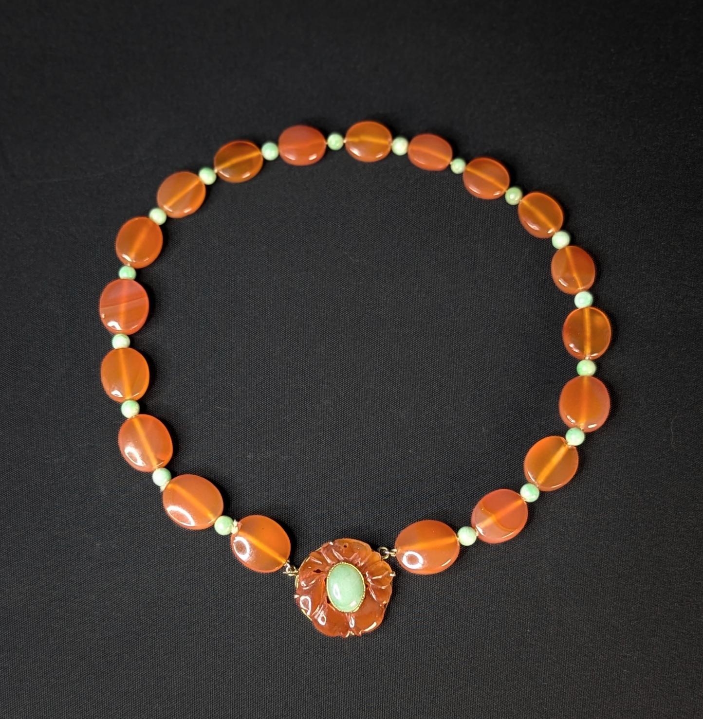 Vintage Carnelian, Jade, & 14k Gold Necklace, Estate Statement Choker