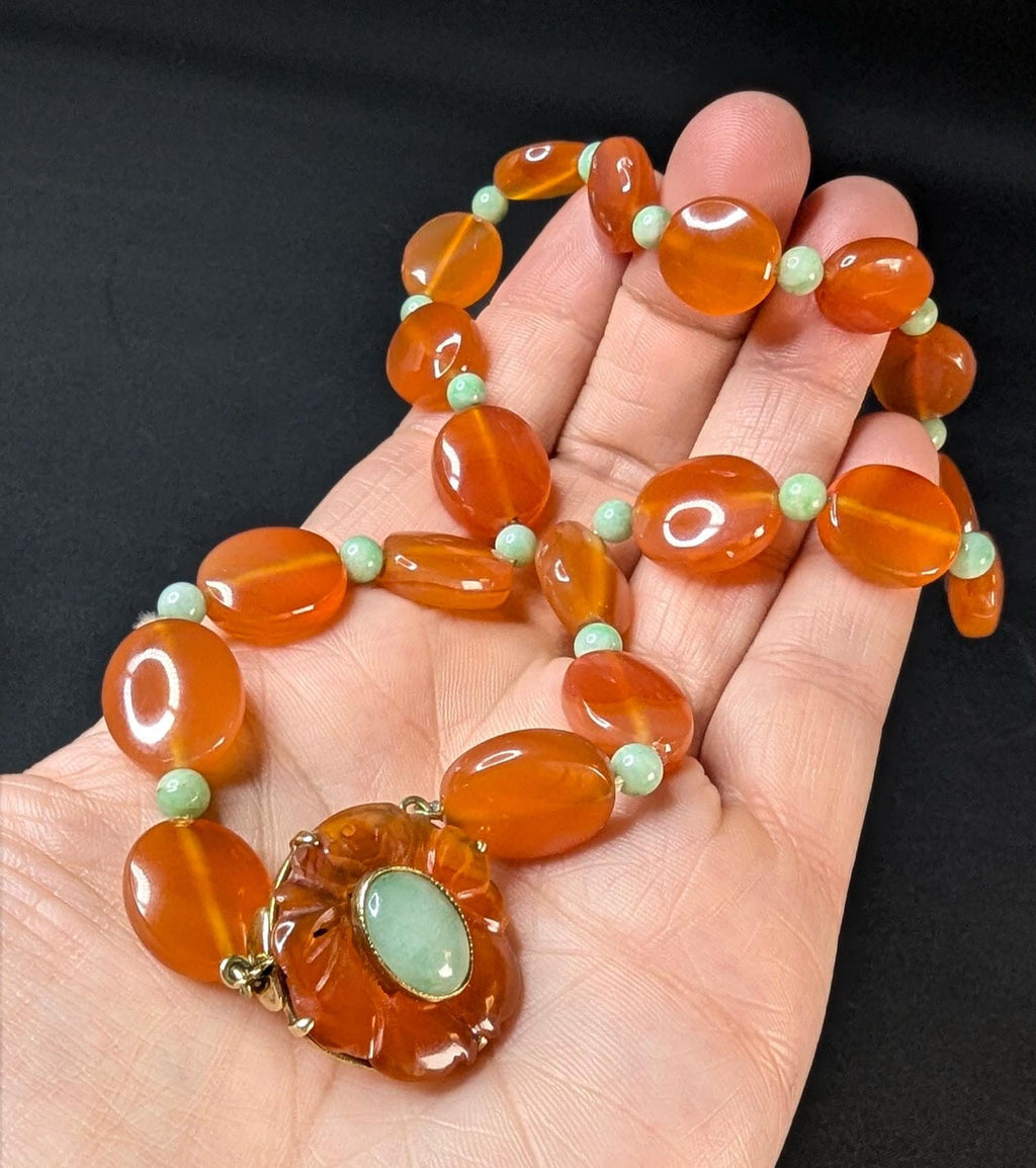 Vintage Carnelian, Jade, & 14k Gold Necklace, Estate Statement Choker