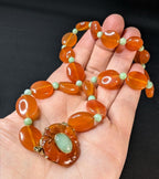 Vintage Carnelian, Jade, & 14k Gold Necklace, Estate Statement Choker