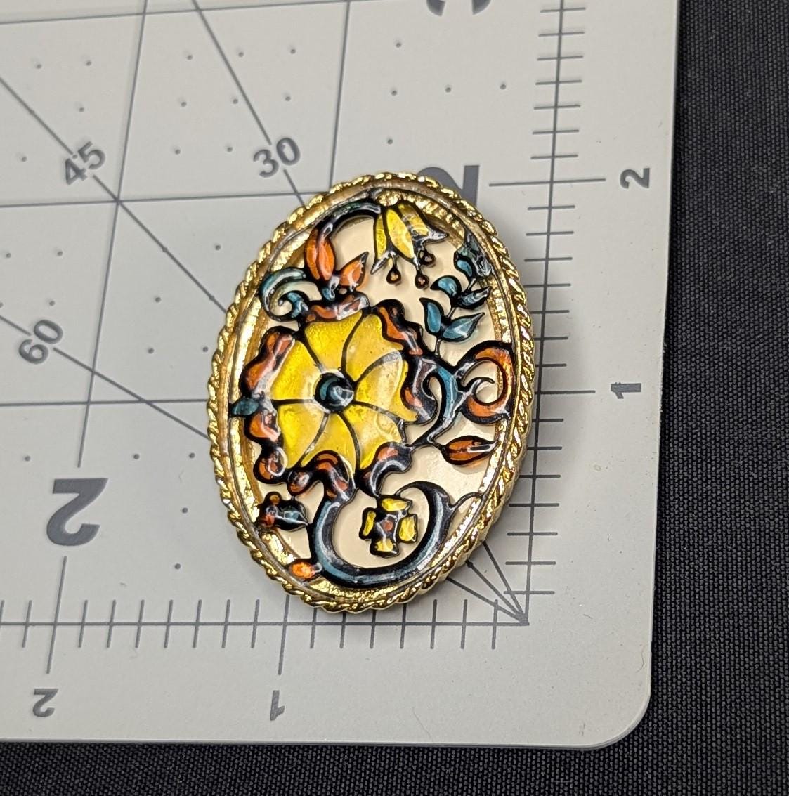 Faux Plique A Jour Overlay Shadow Box Features Oval Brooch Pin