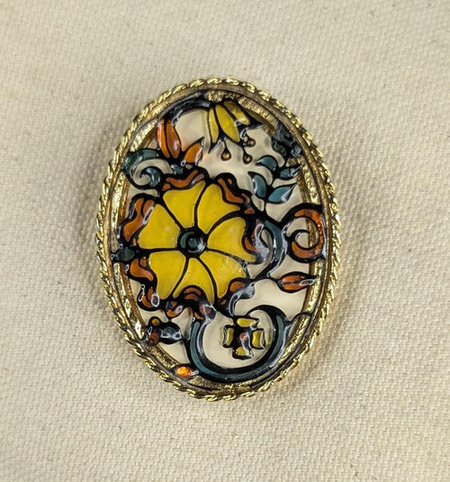 Faux Plique A Jour Overlay Shadow Box Features Oval Brooch Pin