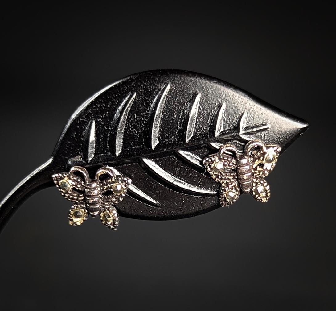 Vintage Marcasite Butterfly Stud Earrings: 925 Sterling Silver