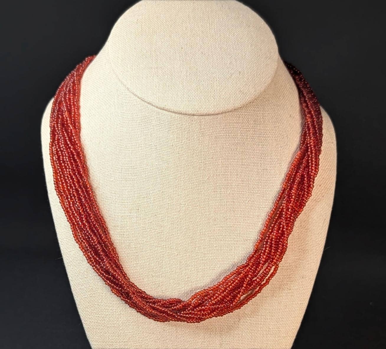 Vintage Red Glass Beaded Multi Strand Necklace with Brass Closure