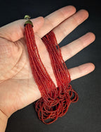 Vintage Red Glass Beaded Multi Strand Necklace with Brass Closure
