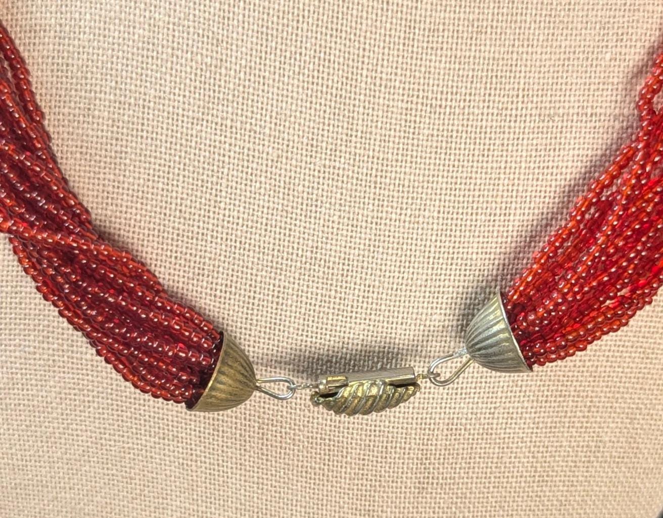 Vintage Red Glass Beaded Multi Strand Necklace with Brass Closure
