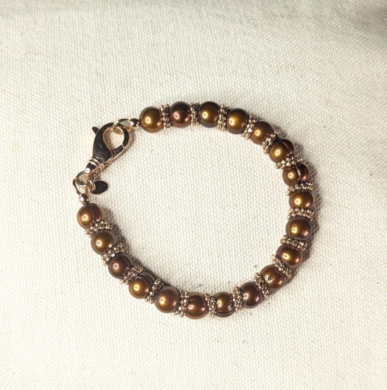 Vintage Honora Bronze Freshwater Pearl and Gold Tone Beaded Bracelet