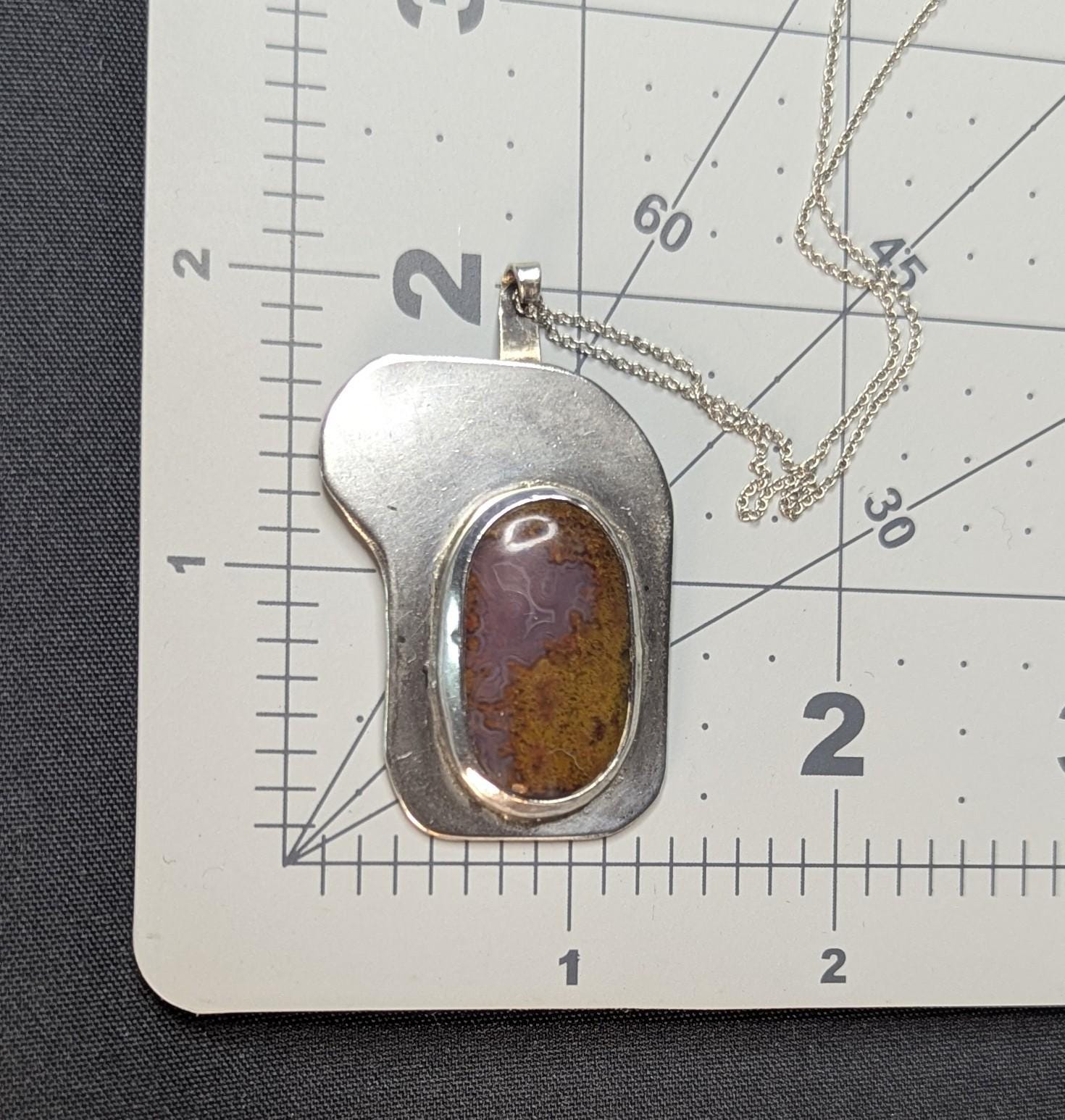 Vintage Art Deco Moss Agate Sterling Silver Pendant on 18" Chain