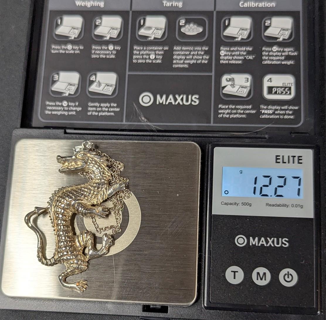 Vintage Sterling Silver Dancing Dragon Pendant Necklace: Gold Vermeil, 20" Chain
