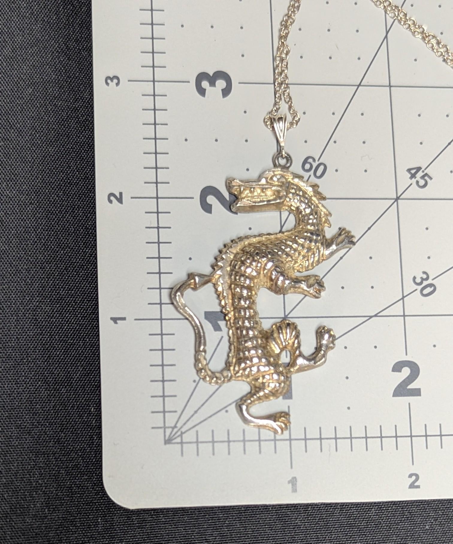 Vintage Sterling Silver Dancing Dragon Pendant Necklace: Gold Vermeil, 20" Chain